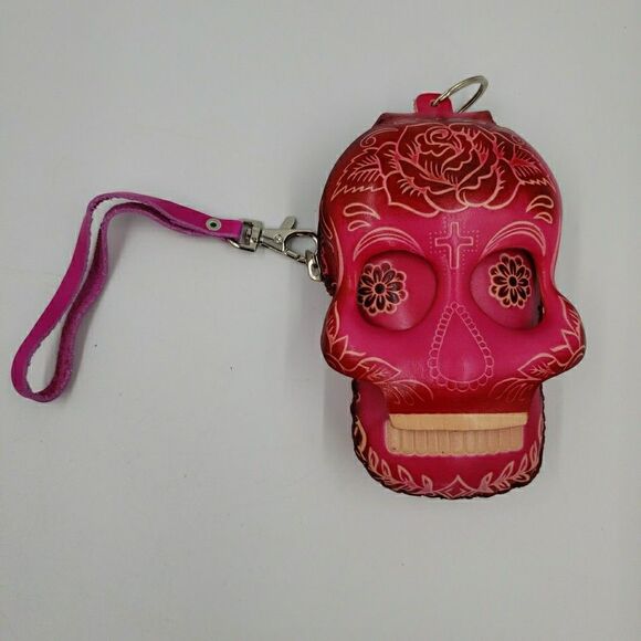 Sugar Skull Leather Wristlet Wallet Hot Pink Day of the Dead Coin Purse Keychain - Picture 9 of 15